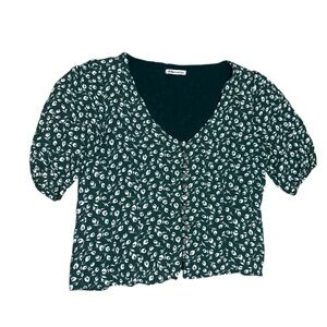 Reformation Green White Floral V Neck Crop Top Blouse Size Small